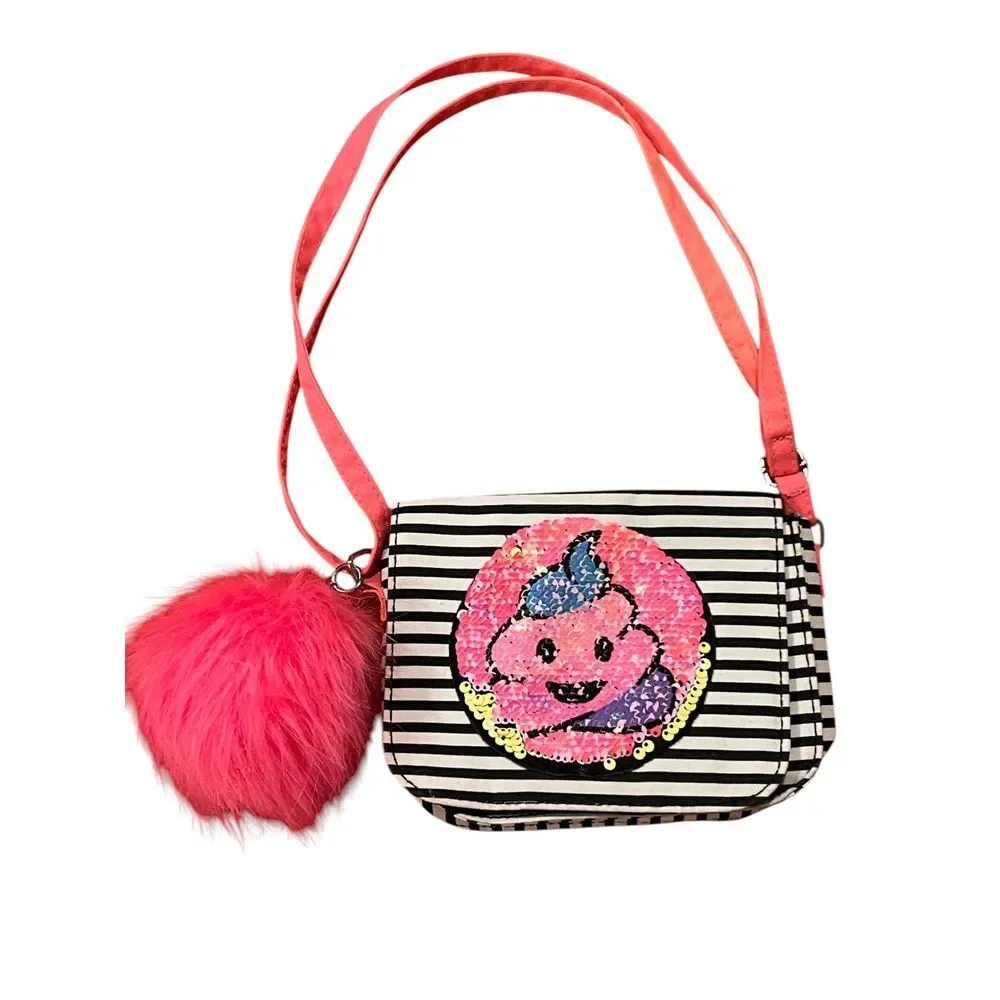 Emojination 2 Emoji Flip Sequins Black White Striped‎ Purse Pink Ball 6